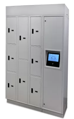 Front view of an industrial-grade LokrIQ smart locker showing the central touchscreen, RFID reader, and all-welded steel compartments.
