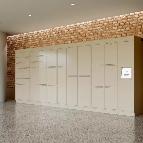 A wall-mounted configuration of LokrIQ smart lockers streamlining package management and tracking in a mailroom setting.