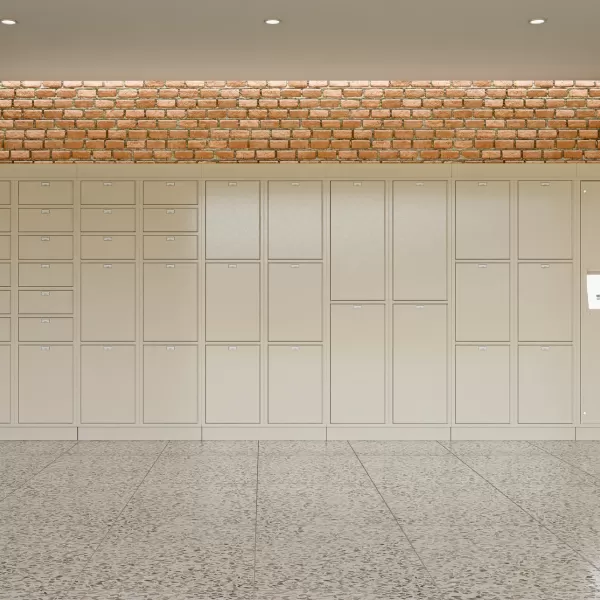 LokrIQ smart lockers installed in a modern package room, providing secure and automated delivery retrieval.