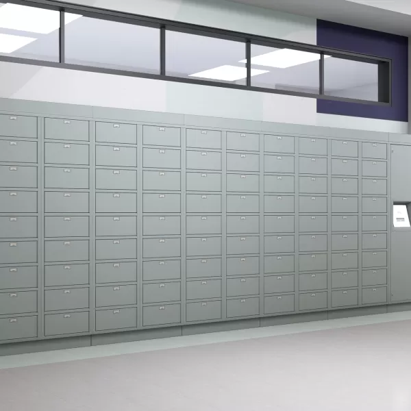 A bank of LokrIQ smart lockers in a school setting, featuring heavy-duty steel construction for high-traffic areas.