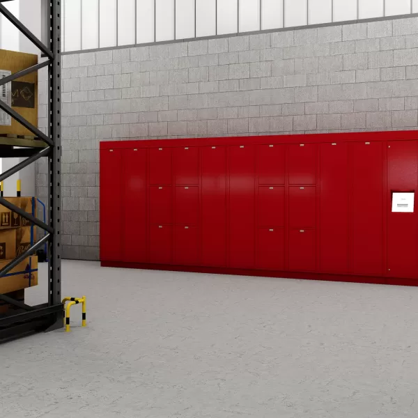 LokrIQ lockers providing secure asset management and in-locker device charging for workers on a warehouse floor.