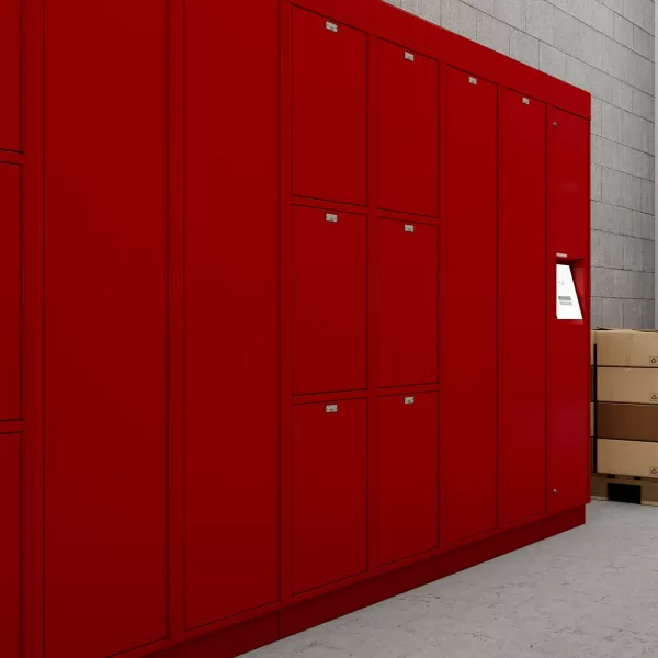 Industrial-grade LokrIQ smart lockers deployed in a busy warehouse setting to track and secure valuable tools and equipment.