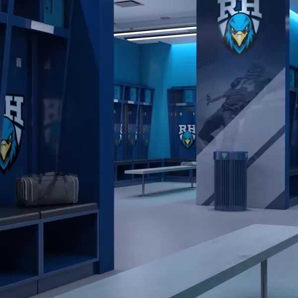 Detail view of blue Flex Elite open-front athletic lockers with integrated seating