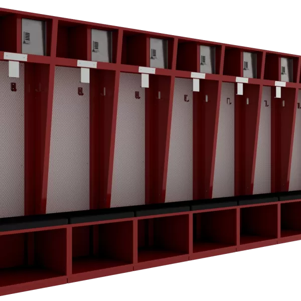 Red Flex Elite open-front lockers with diamond-plate backs and padded seats